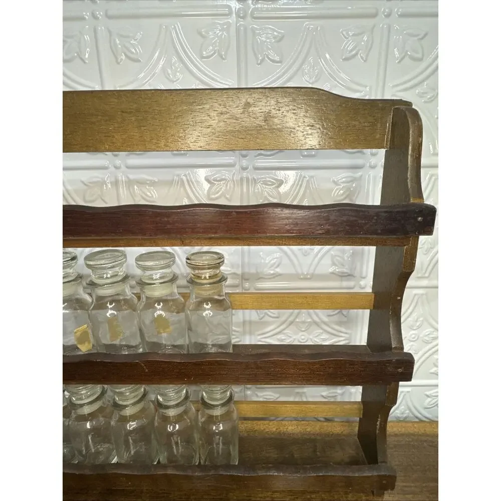 Vintage Wall Hanging Wooden Spice Rack With Glass Spice Jars